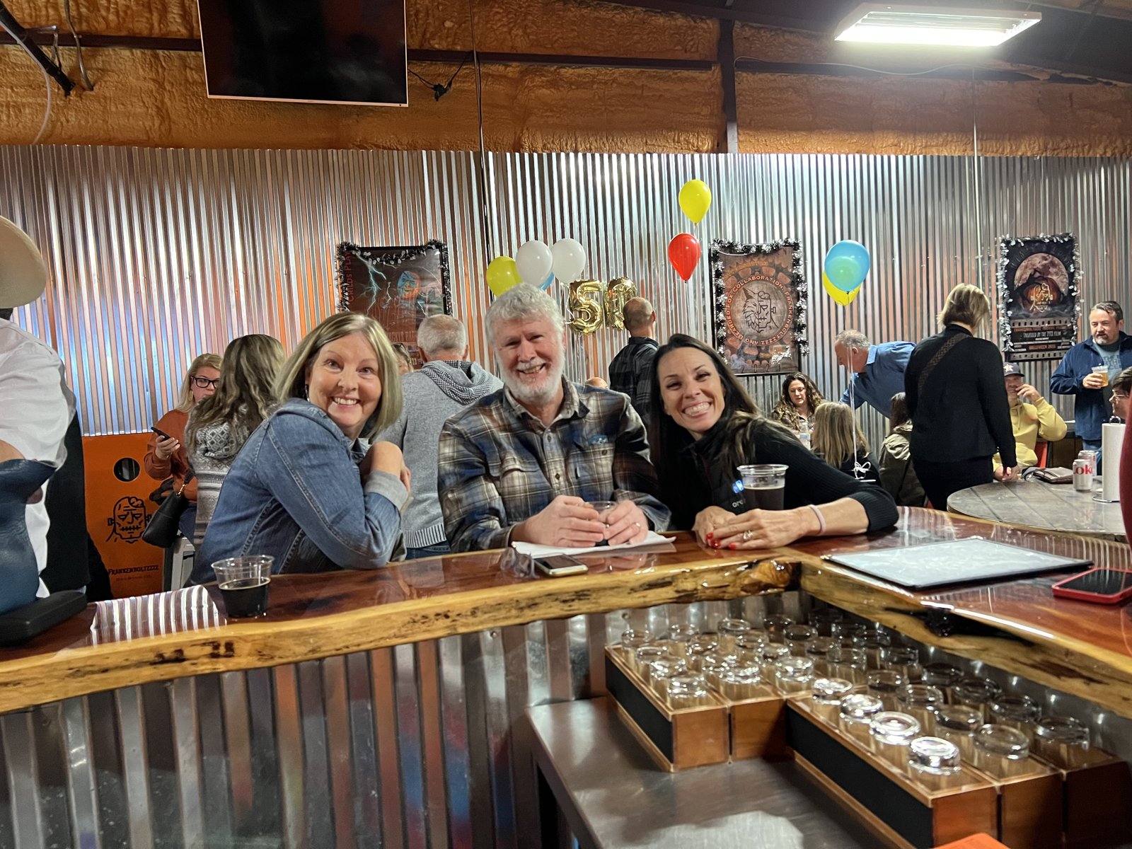 Friends gathered at the brewery bar
